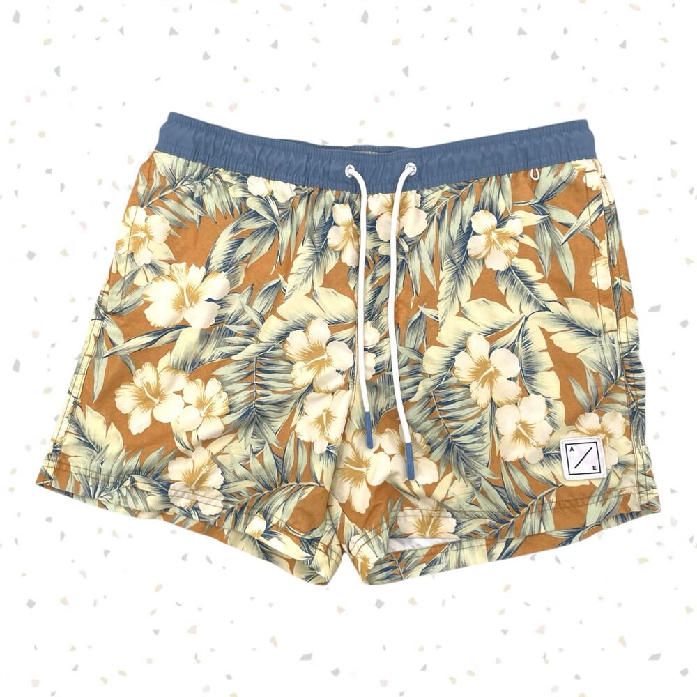 AE Tropical Swim Trunks Blue Golden Yellow Floral Beach Pool Summer Mens Size M